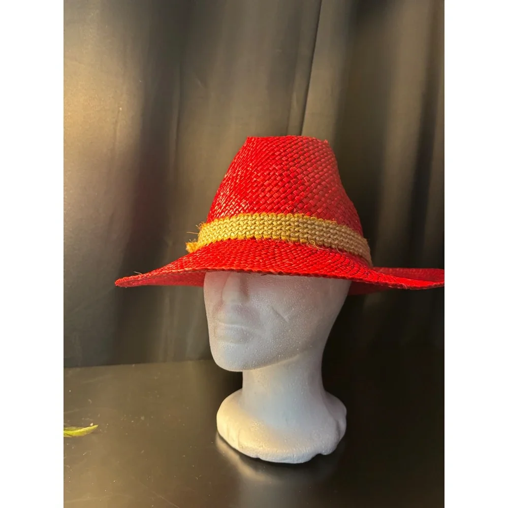 Vintage Red Woven Straw Fedora Hat with Yellow Feather and Buckle Detail